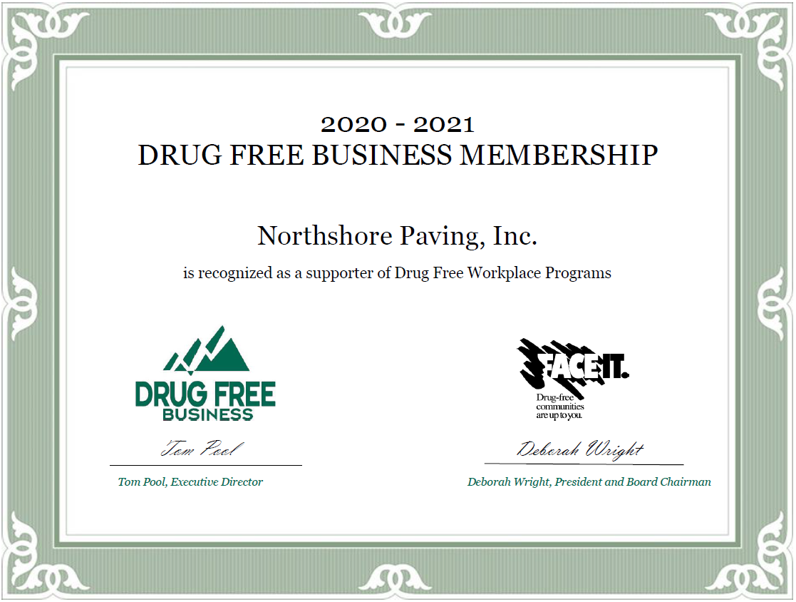 Drug Free Member Certificate — Bothell, WA — Northshore Paving Inc.