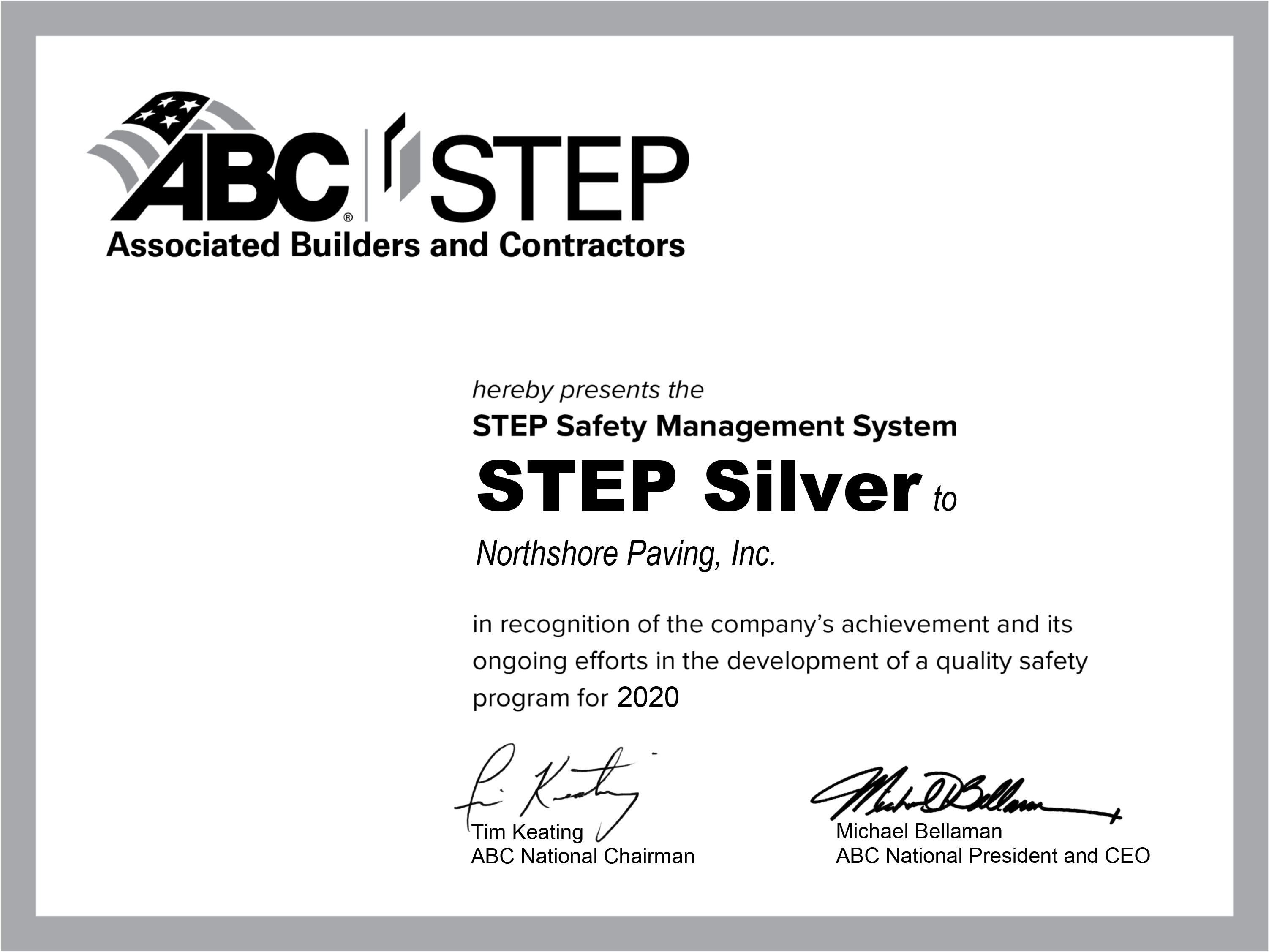 Northshore Certificate — Bothell, WA — Northshore Paving Inc.